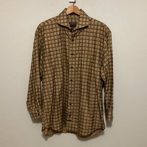Robert Talbott Tan and Black Plaid Botton Down Ling Sleeve Shirt, Size Large